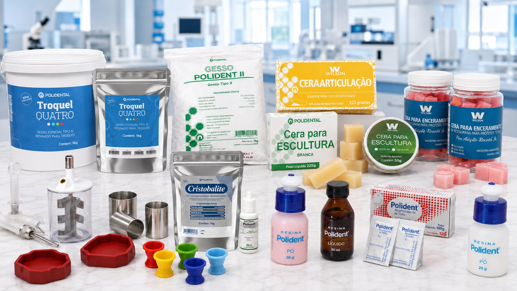 Composição de produtos Polidental: gessos, ceras e revestimentos odontológicos