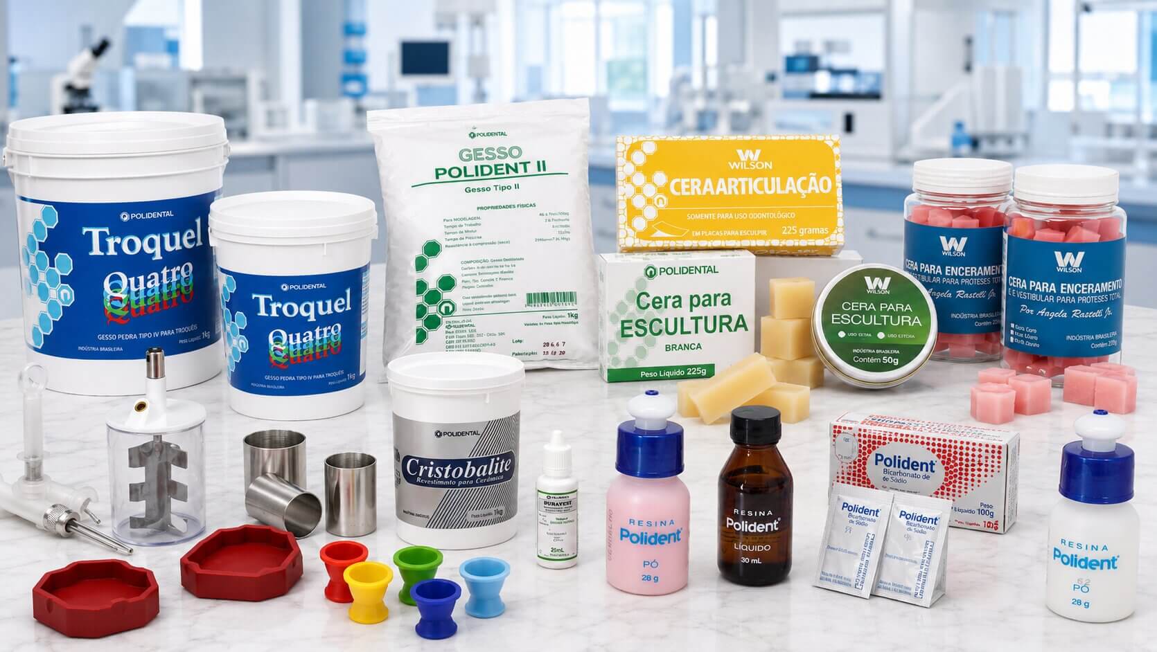 Composição de produtos Polidental: gessos, ceras e revestimentos odontológicos